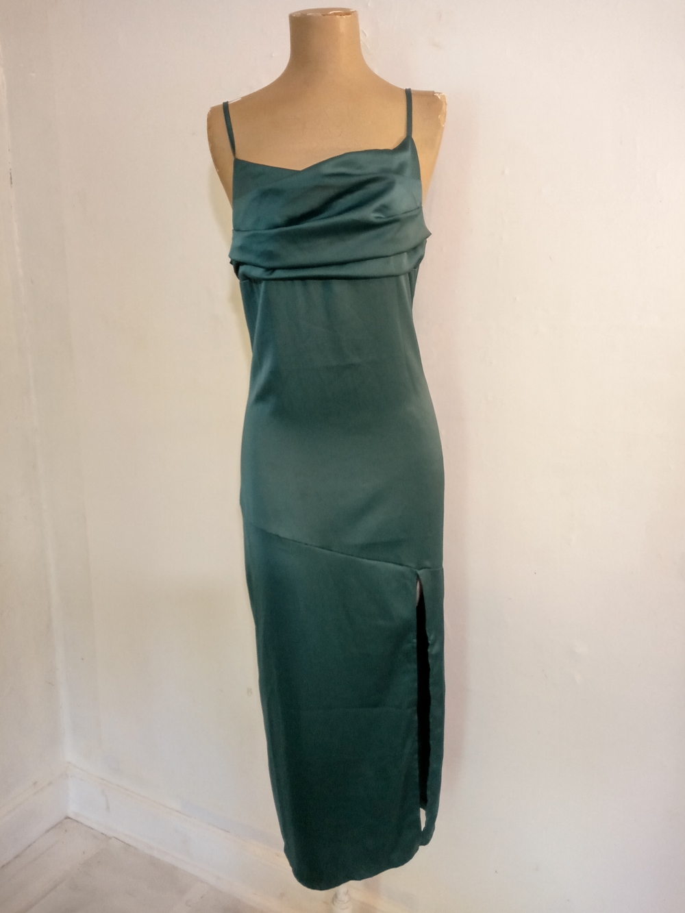Satin Cowl Midi Dress in Emerald Green with Side Slit